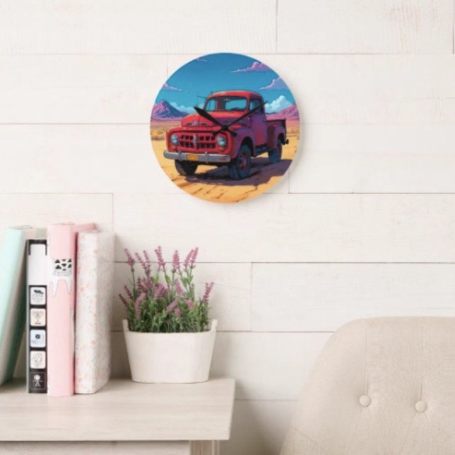 Klassisk amerikansk pickup  stor klocka (Vintage Red Truck Clock Backside hanging slot  non-ticking design. 2 sizes: 8" diameter or 10.75" di)
