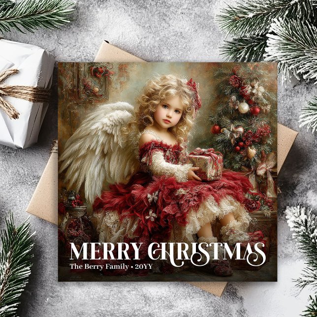 Klassisk Änglalik Viktoriansk Julkort Djupröd (Classic Angelic Victorian Christmas Card in Deep Red)