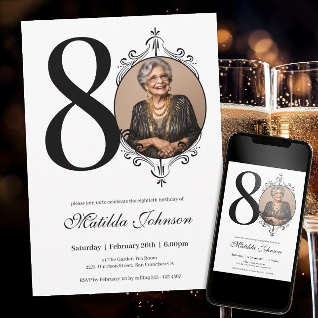 Klassisk Anpassningsbar Foto Black and White 80 Bi Inbjudningar (Classic 80th Birthday Black and White Custom Photo Invitation)