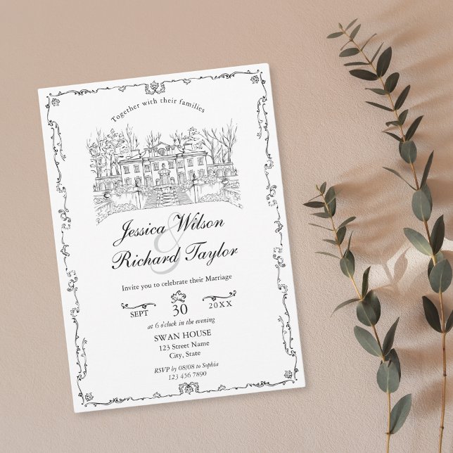 Klassisk Anpassningsbar Hand plockade Venue Manor  Inbjudningar (custom hand drawn classic wedding venue illustration invitation with border)