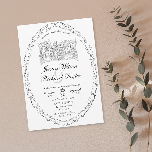Klassisk Anpassningsbar Hand plockade Venue Manor  Inbjudningar (custom hand drawn classic wedding venue illustration invitation with border)
