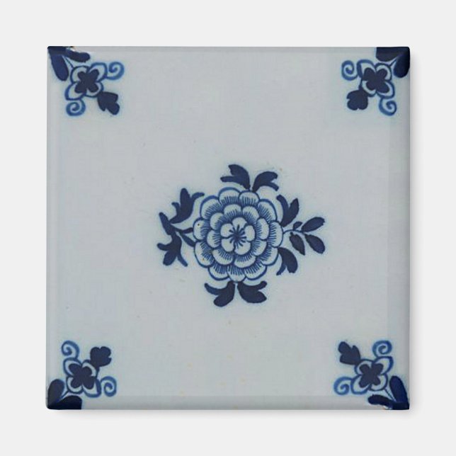 Klassisk antikär Delft Blue Tile - Blommigt Motif Magnet (Framsidan)