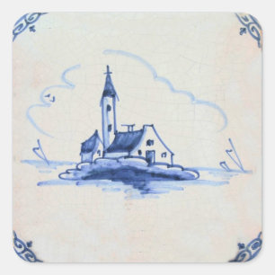 Klassisk antikarian Delft Blue Tile - Church Fyrkantigt Klistermärke