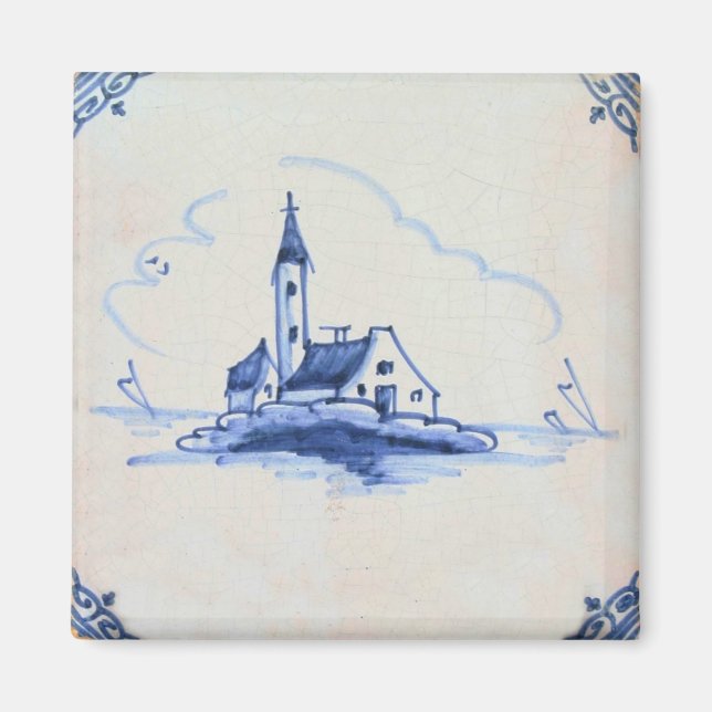 Klassisk antikarian Delft Blue Tile - Church Pinba Magnet (Framsidan)