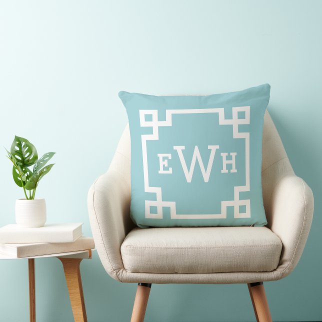 Klassisk Aqua Grekisk Nyckel Monogram Initial Kudde (Stol)