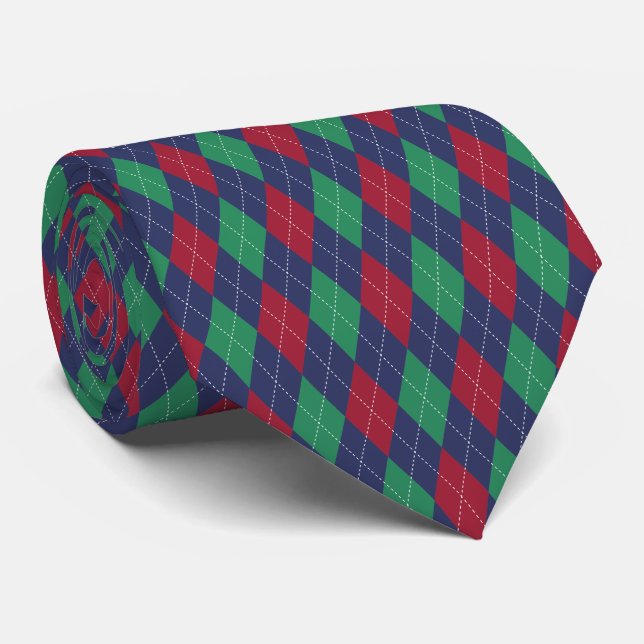 Klassisk Argyle Blå Röd Grön Jul Slips (Rullad)