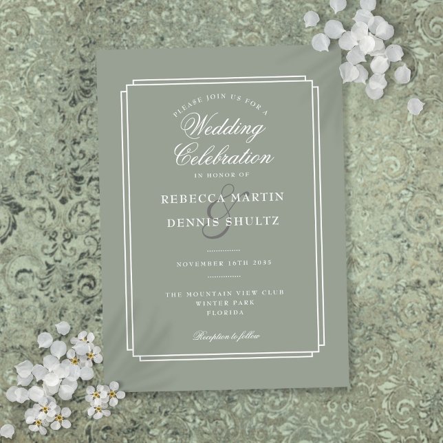 Klassisk Art Deco Sagegrön Bröllopsfest Inbjudningar (Classic Art Deco Sage Green Wedding Invitation)