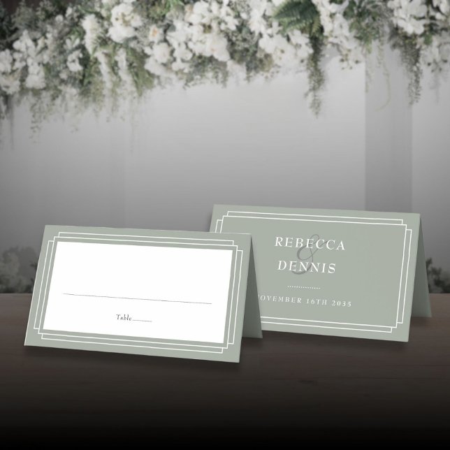 Klassisk Art Deco Sagegrön Bröllopsfest Placeringskort (Classic Art Deco Sage Green Wedding Place Card)
