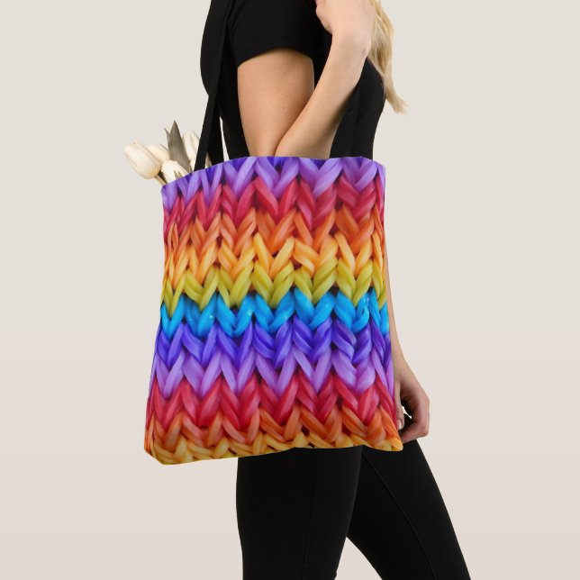 Klassisk återro Sticka Rainbow Tote Bag Tygkasse (Närbild)