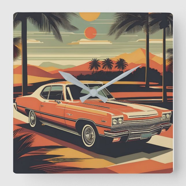 Klassisk återtro vintage bil poster fyrkantig klocka (Framsida)