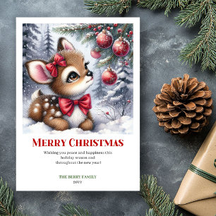 Klassisk Baby Fawn Snöig Skog Vattenfärg Jul Julkort