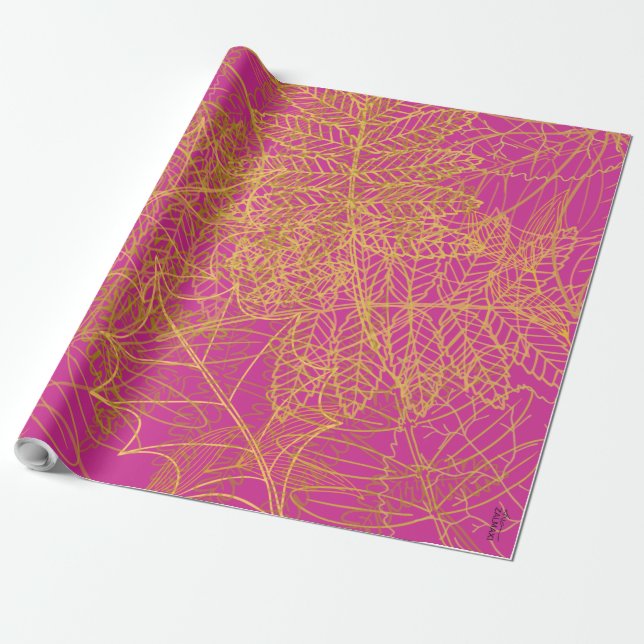 Klassisk bakgrund i Fuchsia Löv i Guld Presentpapper (Utrullad)
