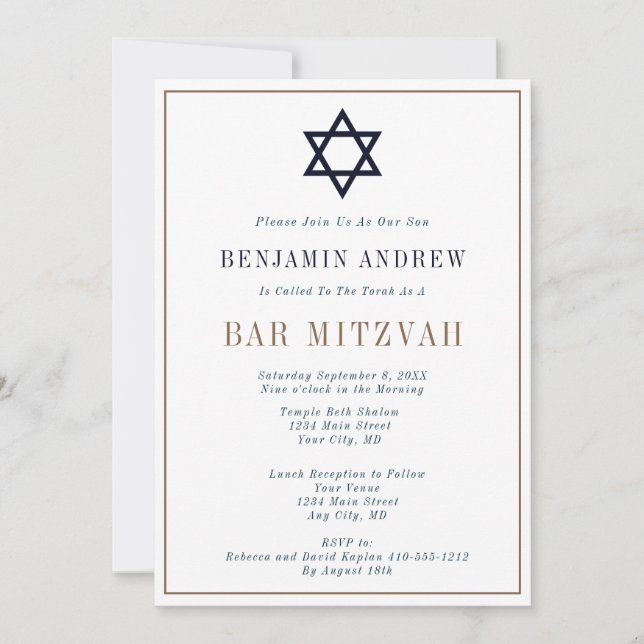 Klassisk Bar Mitzvah i marinblått och guld Inbjudningar (Framsida)