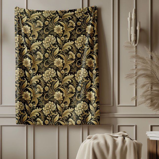 Klassisk Baroque Stil Guld-säng med bröstkorg Fleecefilt (Classic Baroque Style Gold Damask Bed Throw Fleece Blanket)