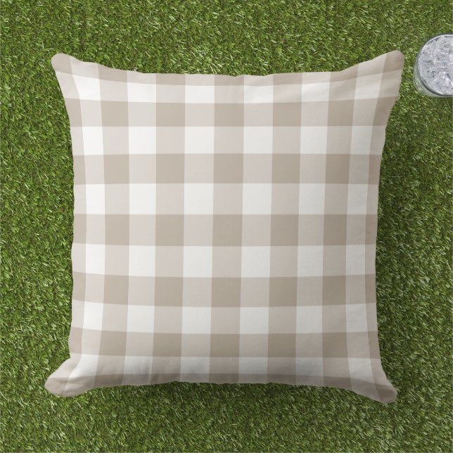 Klassisk Beige Vit Gingham Plaid Rutig Kudde (Gräs)