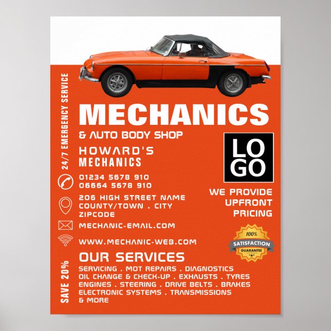 Klassisk bil, automatisk mekanik och reparationsre poster (Framsidan)