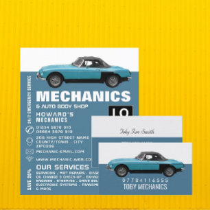 Klassisk bil, automatisk mekanisk reklam och repar reklamblad