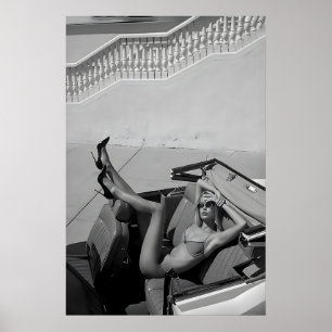 Klassisk bil mode tryck kvinna i bikini, hög