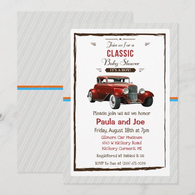 Klassisk bil Vintage Baby Shower Inbjudan (Fram/baksida)