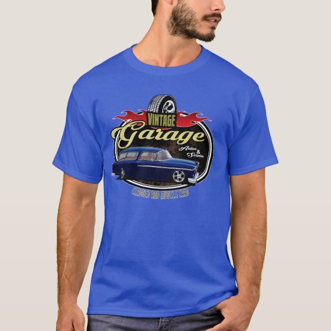 Klassisk bilgarage med Blue Nomad-gåva T Shirt (Framsida)