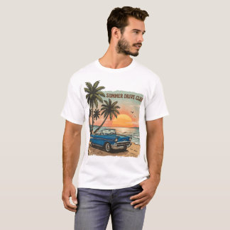 Klassisk blå bil på en tropisk strand vid solnedgå t shirt