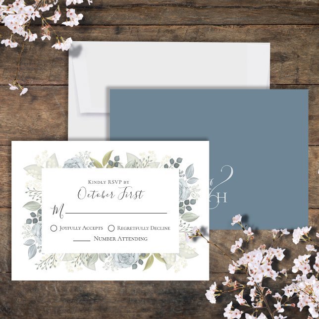 Klassisk, blå Blommigt, enkel Elegant, kalligrafi OSA Kort (Classic Wedding RSVP card with a beautiful watercolor blue floral design. )