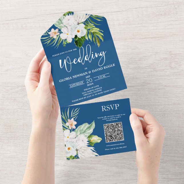 Klassisk blå Blommigt QR-kod - allt i en inbjudan (Avrivbar del)