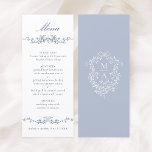 Klassisk blå Blommigten Gräns Bröllop Meny<br><div class="desc">Elegant blå blommigt gräns bröllop-meny med blommigtens vapensköld och monogram på baksidan. Om du vill ha en mer avancerad anpassning av den här designen klickar du på knappen DESIGN VERKTYG ovan!</div>