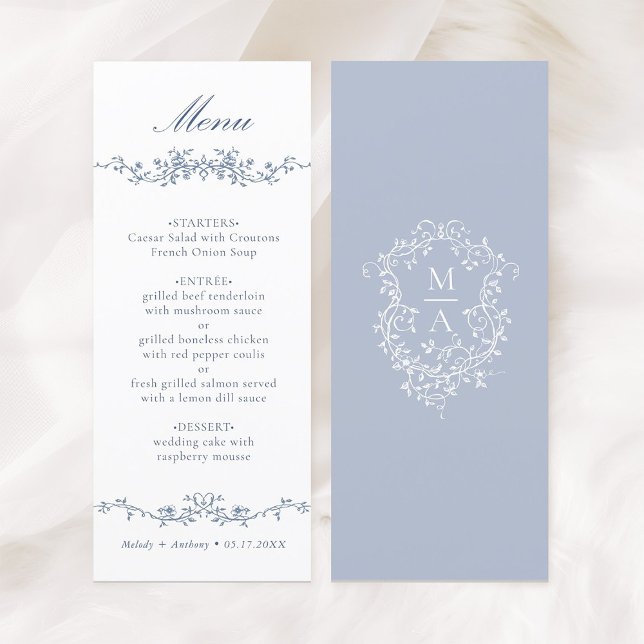 Klassisk blå Blommigten Gräns Bröllop Meny (Front & Back)