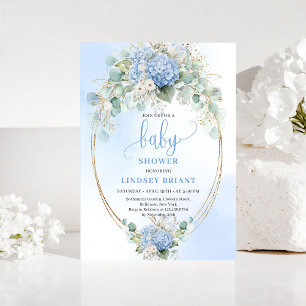 Klassisk blå blomster baby shower inbjudan guld