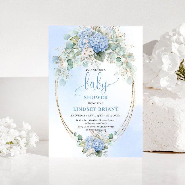 Klassisk blå blomster baby shower inbjudan guld (Classic Blue Floral Baby Shower Invitation Gold)