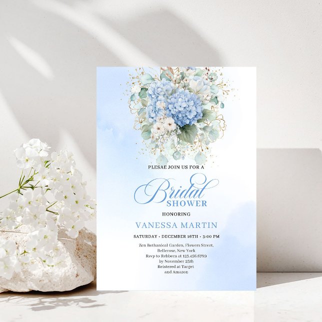 Klassisk blå blomsterbröllopsfest guld inbjudan (Classic Blue Floral Bridal Shower Gold Invitation)