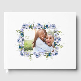 Klassisk blå blomsterbröllopsförlovningsfoto gästböcker