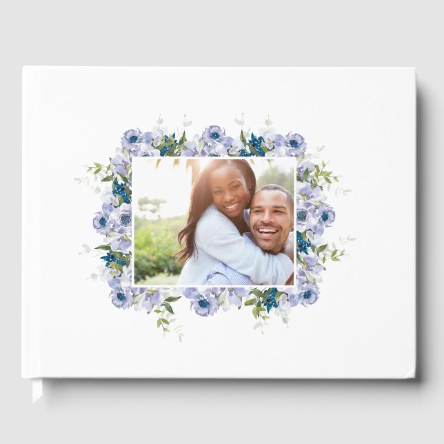 Klassisk blå blomsterbröllopsförlovningsfoto gästböcker (Framsida)