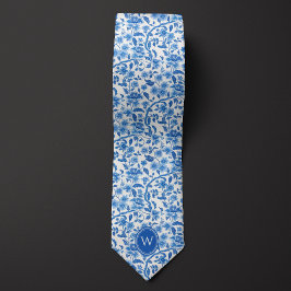 Klassisk blå botanisk blomster monogram slips
