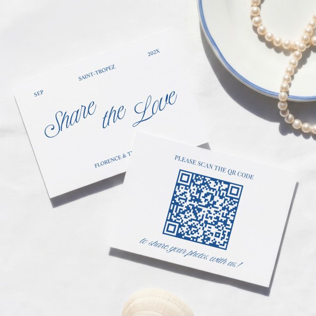 Klassisk Blå Dela Kärleken QR-kod Bröllopsfoto Tilläggskort (Classic Blue Share the Love QR Code Wedding Photo Enclosure Card)