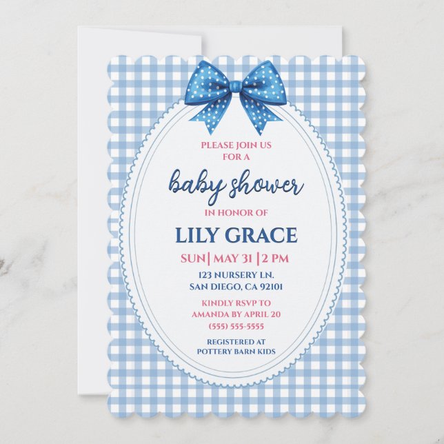 Klassisk blå Gingham & Bow Baby Shower-inbjudan Inbjudningar (Framsida)