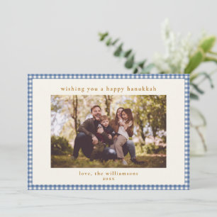 Klassisk blå Gingham familjefoto Hanukkah Julkort