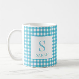 Klassisk Blå Gingham Karo Monogram Namn Kaffemugg