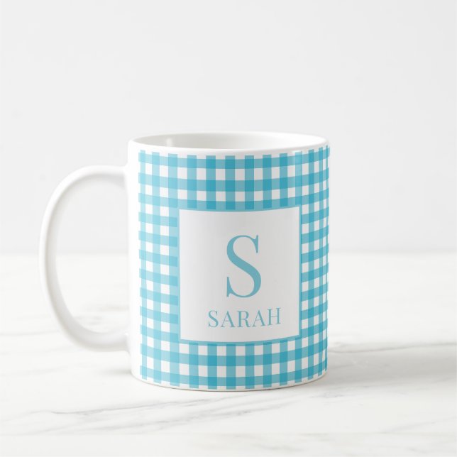 Klassisk Blå Gingham Karo Monogram Namn Kaffemugg (Vänster)
