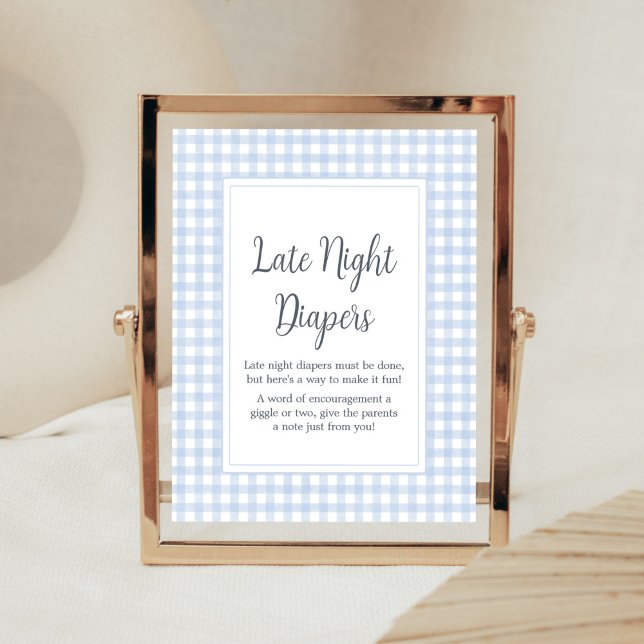 Klassisk blå Gingham Late Night Diaper Poster (Boy Gingham Baby Shower Late Night Diapers Sign)
