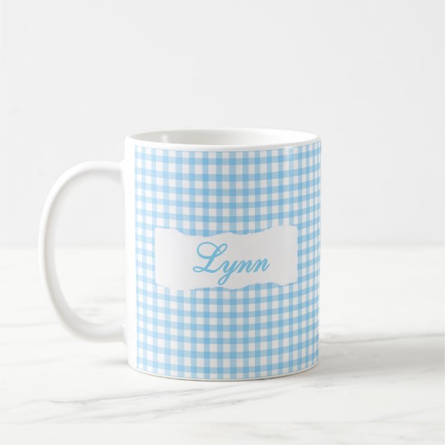 Klassisk Blå Gingham Personligt Namn  Kaffemugg (Vänster)