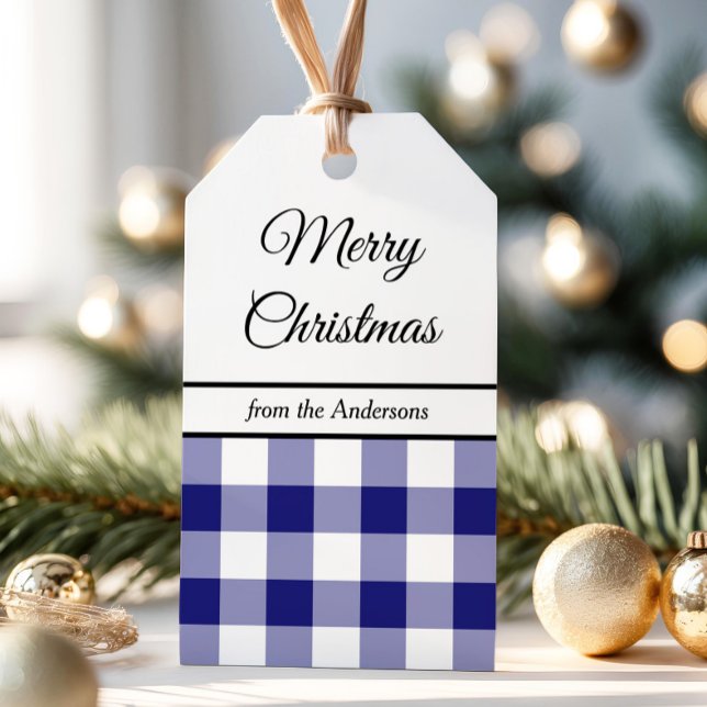 Klassisk blå God jul Presentetikett (Classic Blue Plaid Merry Christmas Gift Tags)