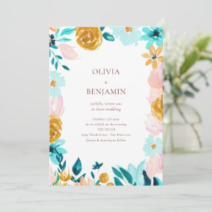 Klassisk Blå Grön Akvarell Blommig Bröllop Inbjudningar