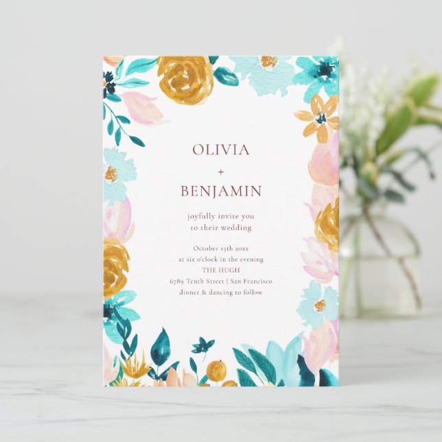 Klassisk Blå Grön Akvarell Blommig Bröllop Inbjudningar (Stående Fram)