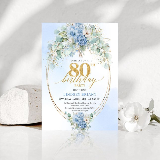 Klassisk blå hortensia Eukalyptus 80-årsdag   Inbjudningar (Classic Blue Hydrangea Eucalyptus 80th Birthday Invite)