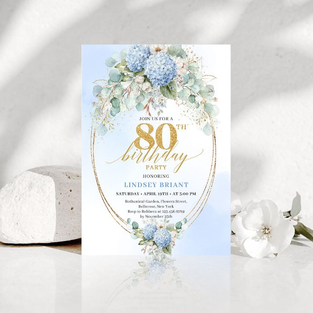 Klassisk Blå Hortensia Guld 80 Födelsedagsfirande Inbjudningar (Classic Blue Hydrangea Gold 80 Birthday Celebrate Invitation )