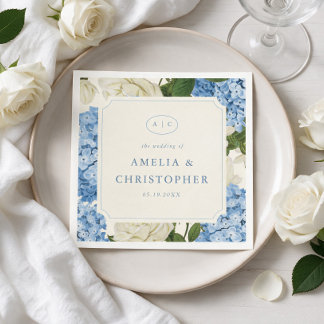Klassisk Blå Hortensia Vit Ros Bröllop Pappersservett