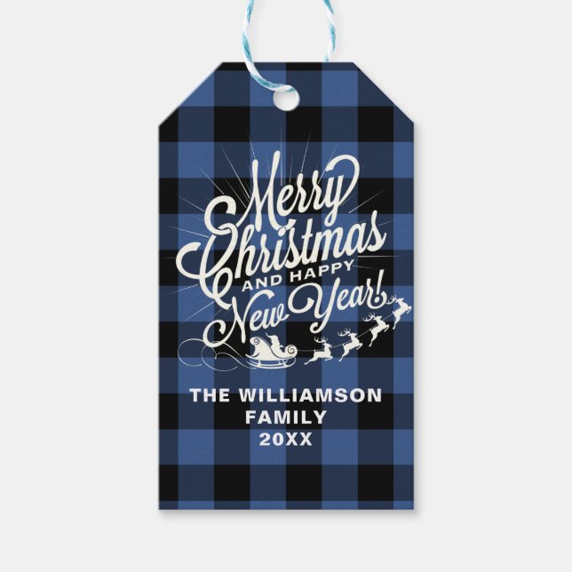 Klassisk blå kontroll i god jul Gott nytt år Presentetikett (Framsidan)