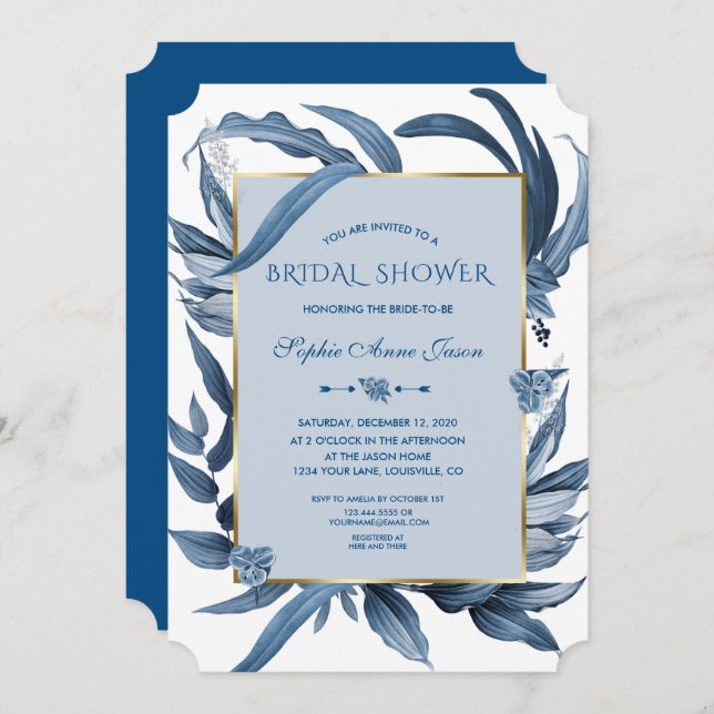 Klassisk blå Löv Guld Monogram-Möhippa Inbjudningar (Fram/baksida)